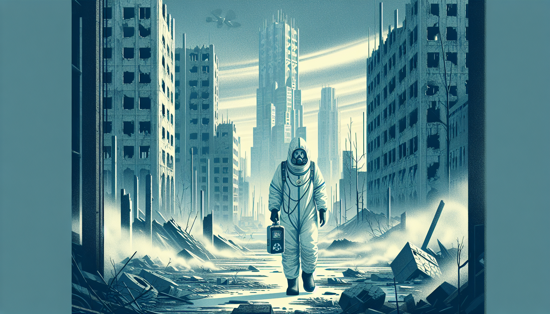 Dr. Lena Thorne explores the ruins of Earth in a hazmat suit, navigating through decay and toxicity.