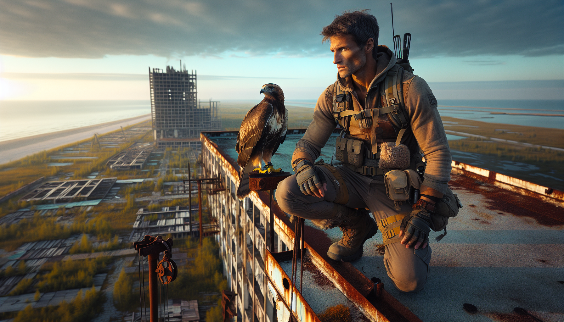 Victor and Caballito on a skyscraper at dawn, overlooking the coastal resort city.