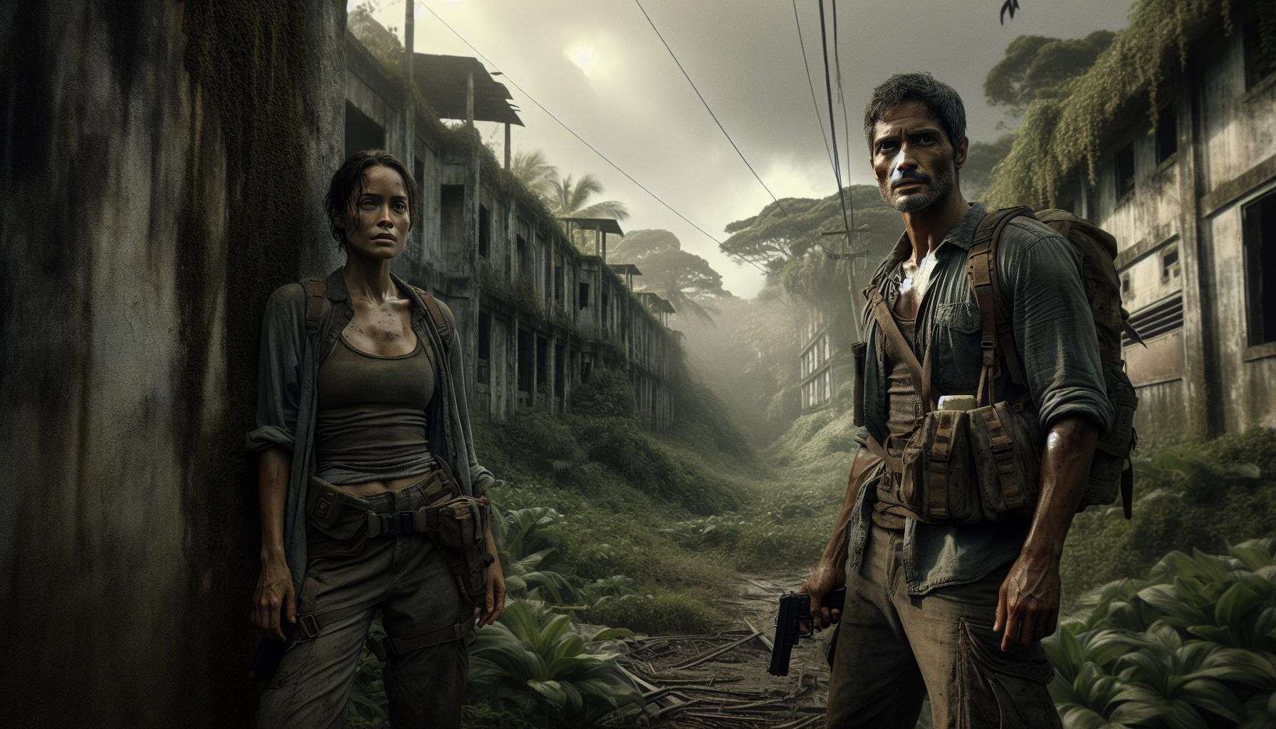 Victor signaling to Harper using pulleys in the sanctuary's ruins.