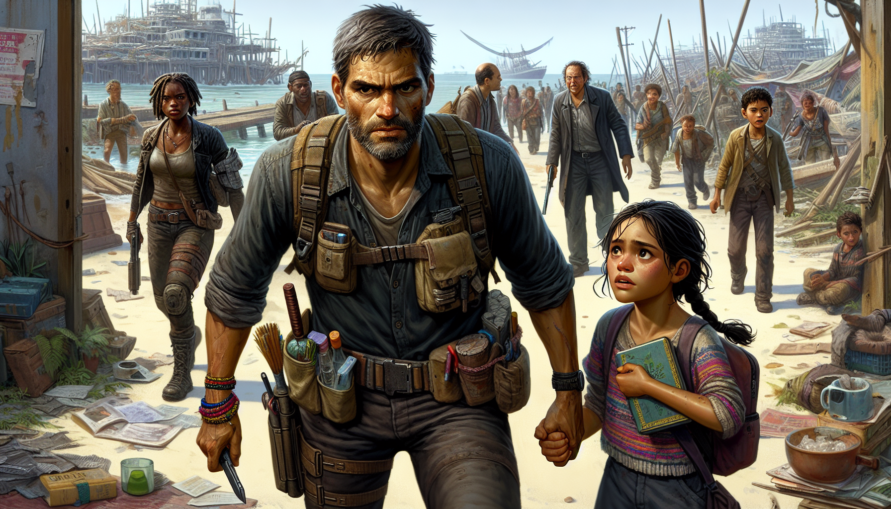 Victor prepares for a mission, talking with Nina and Harper at the sanctuary's edge.