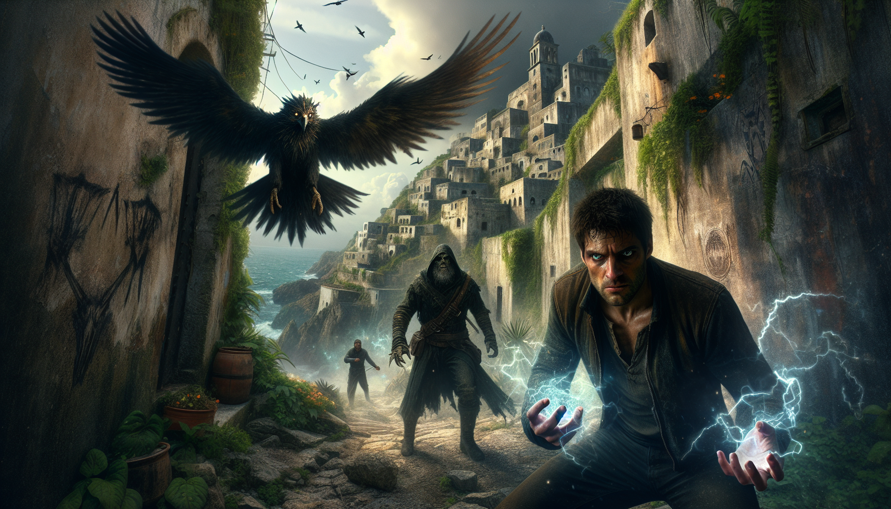 Victor and Riven engage in a psychic battle as the sanctuary fights off sea creatures.