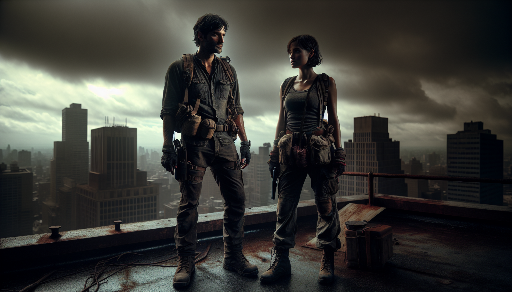 Victor and Harper reflect on the battle from atop a skyscraper at sunrise.