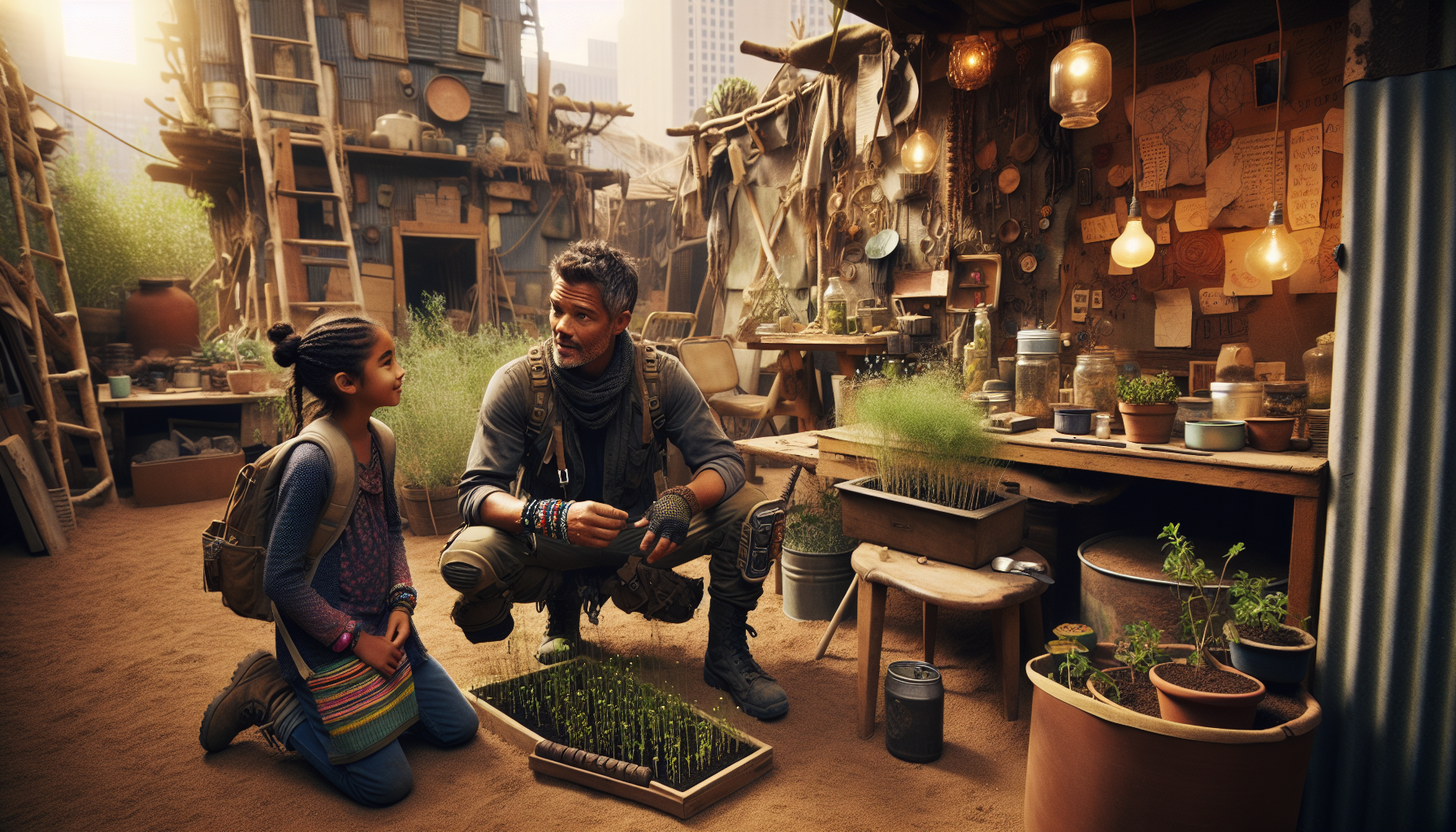 Victor speaks with Nina in the sanctuary's makeshift garden.