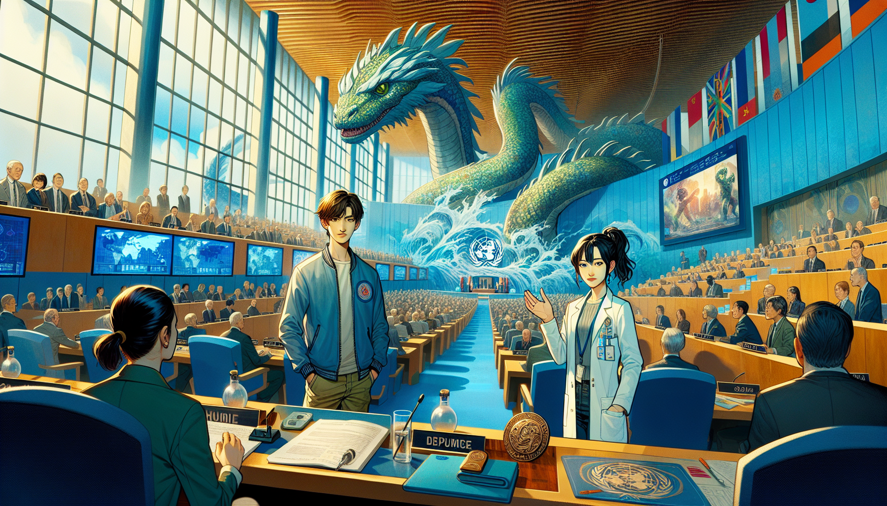 Aria addresses world leaders and scientists at the UN headquarters.