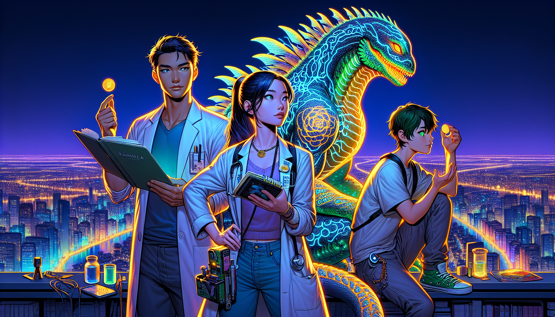 Aria, Zeke, and Lumina stand on a balcony contemplating the future of coexistence.