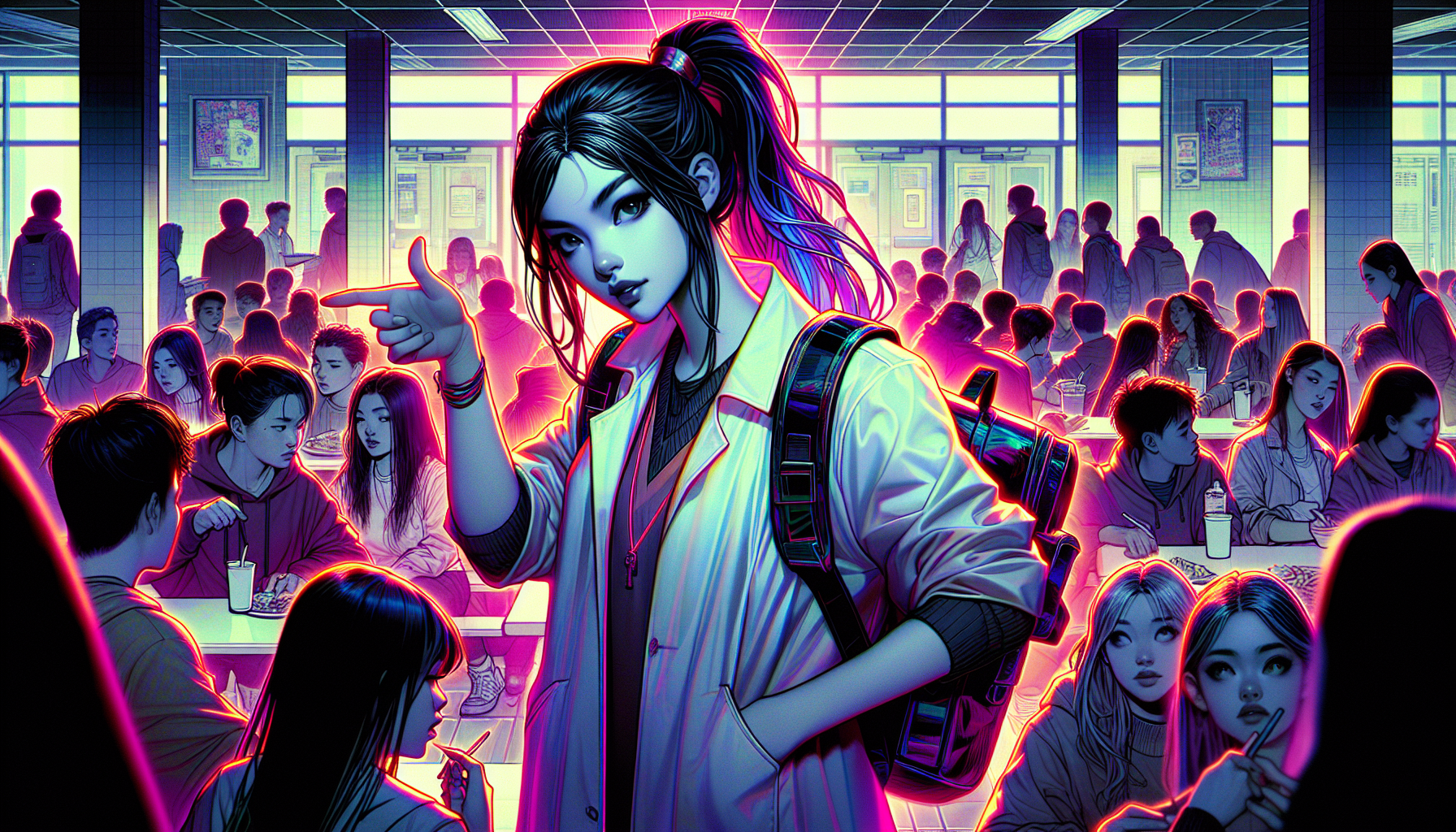 Aria in a busy school cafeteria with classmates whispering about government agents.