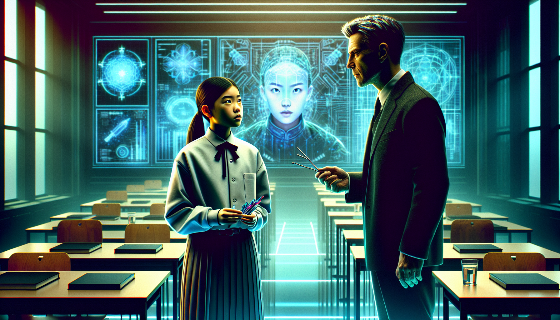 Agent Sarah Reeves talks to a nervous Aria in an empty classroom.