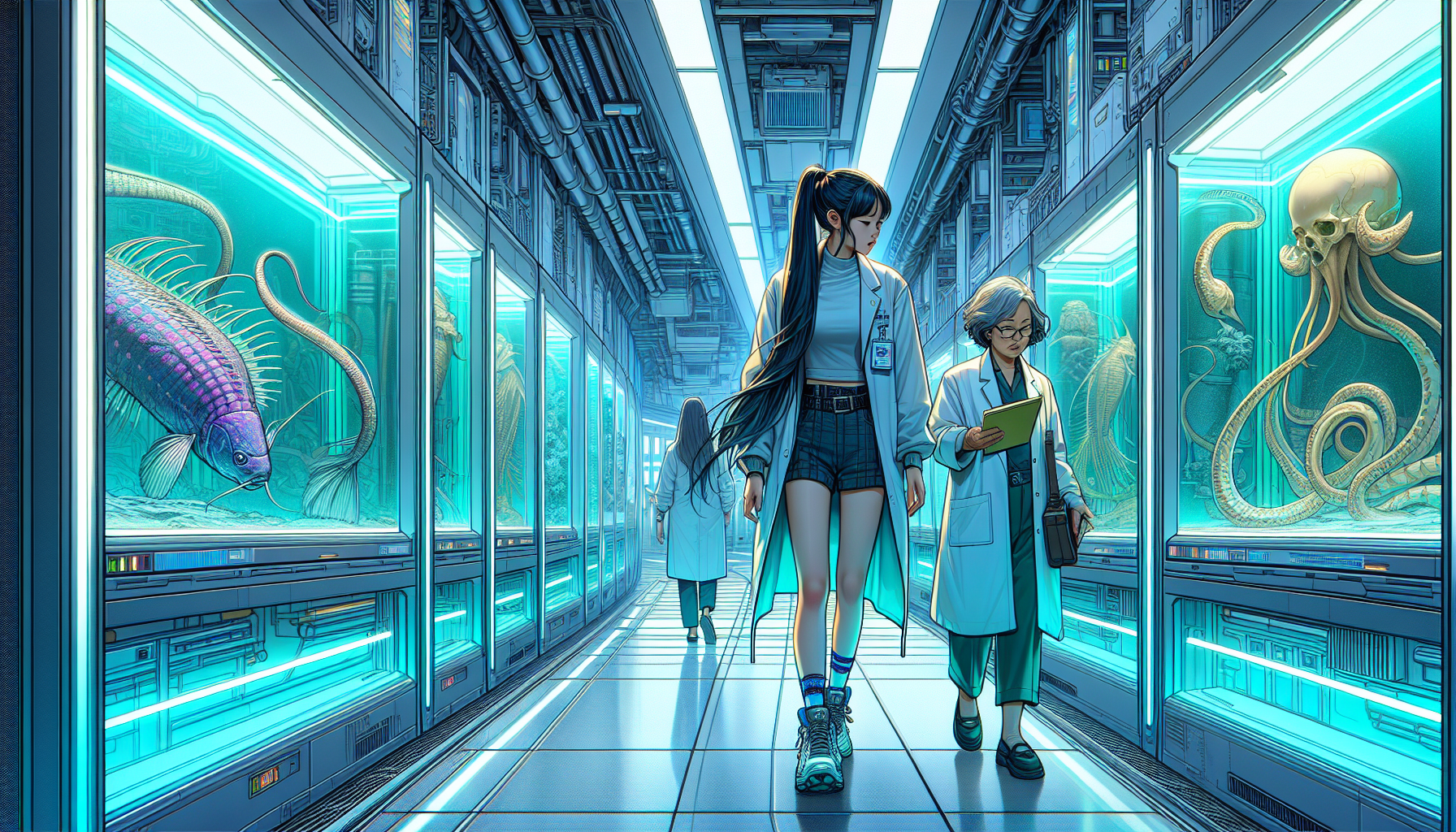 Aria walks with Dr. Voss, fascinated by Kaiju specimens in glass tanks.