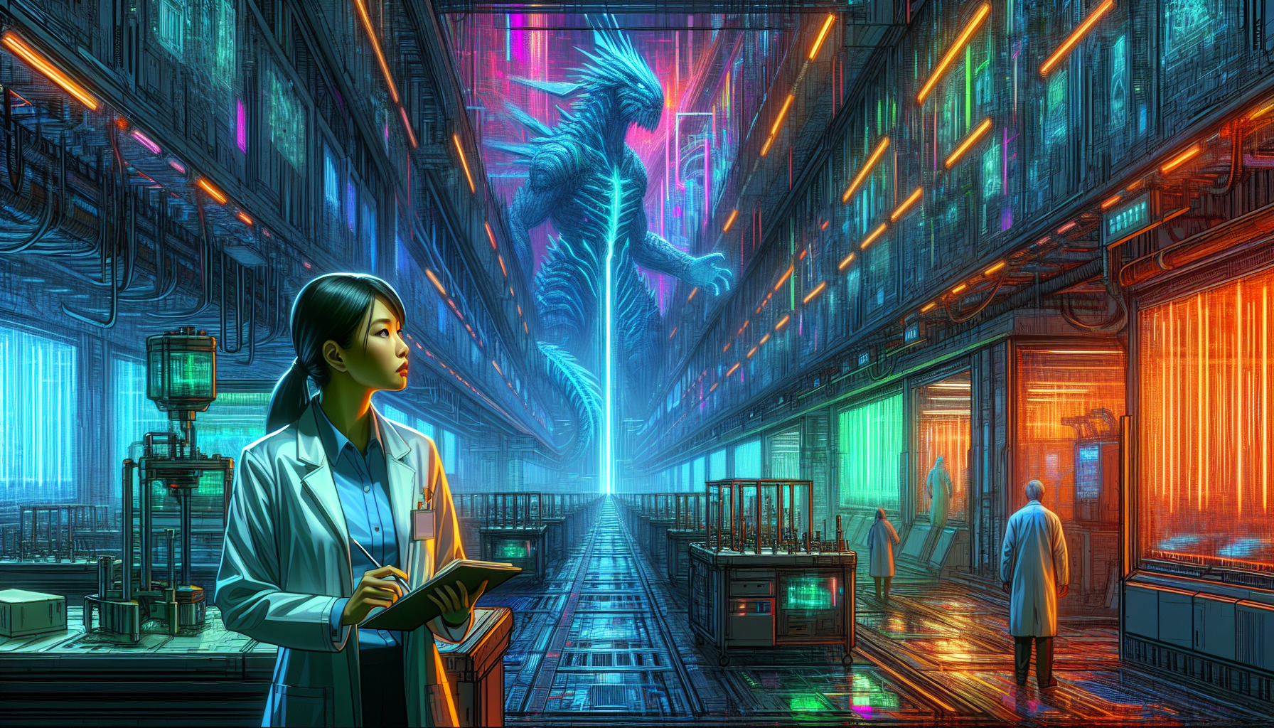 Aria and Dr. Voss watch a colossal, glowing Kaiju through reinforced glass.