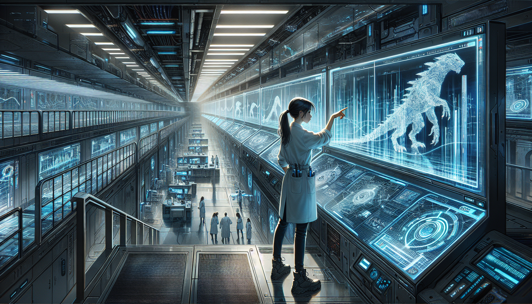 Aria shows Kaiju movement patterns to Dr. Voss on a large holographic display.