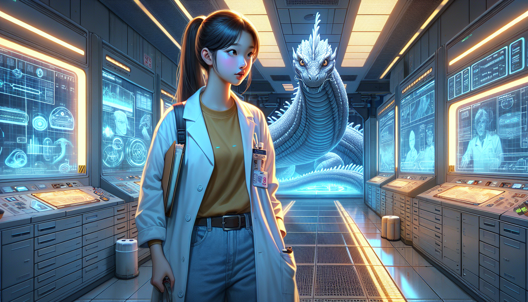 Lumina, a bioluminescent juvenile Kaiju, emerges from containment doors as Aria watches.