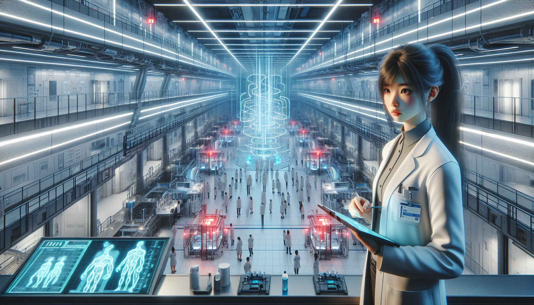 Dr. Marsh announces a security personnel's death before a gathered crowd in the atrium.