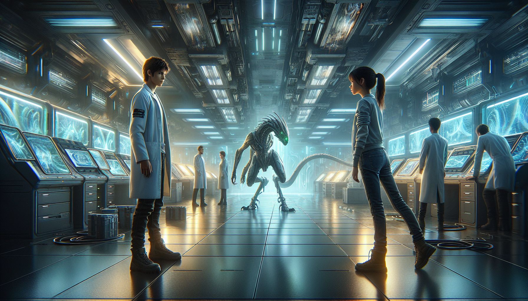A security guard confronts Aria, Zeke, and Lumina in the lab.