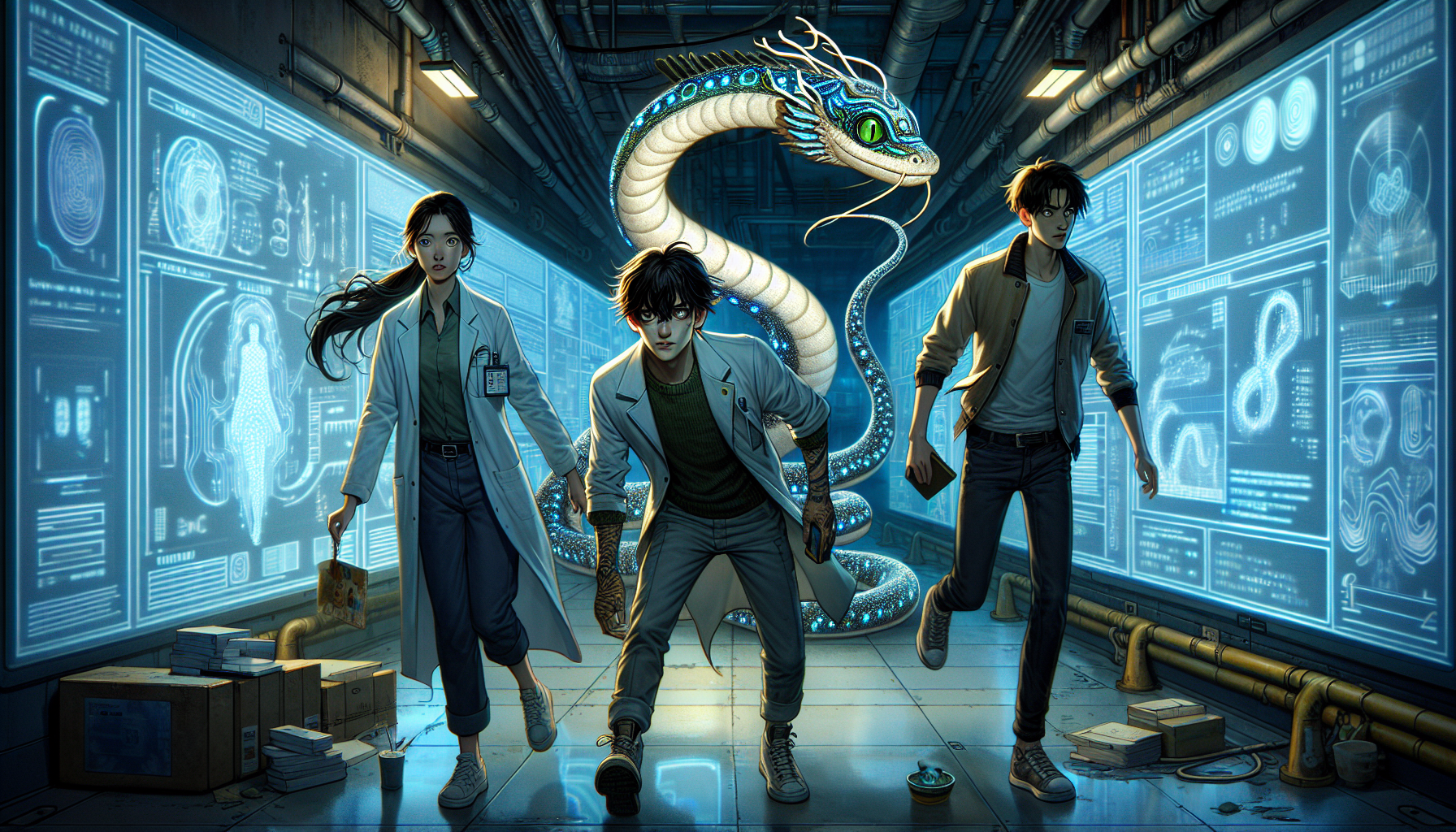 Aria, Zeke, and Lumina escape through a broken window, leaping into the night.