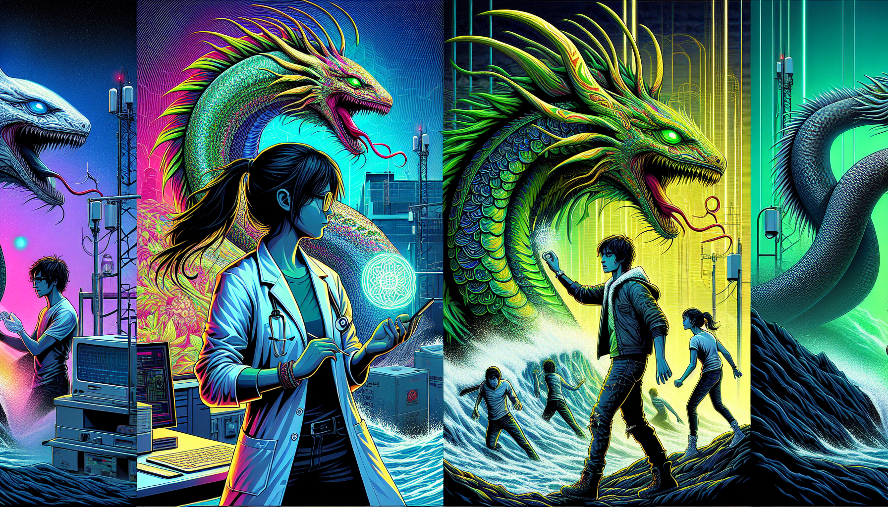 A massive Kaiju rises from the ocean as transformed humans appear.