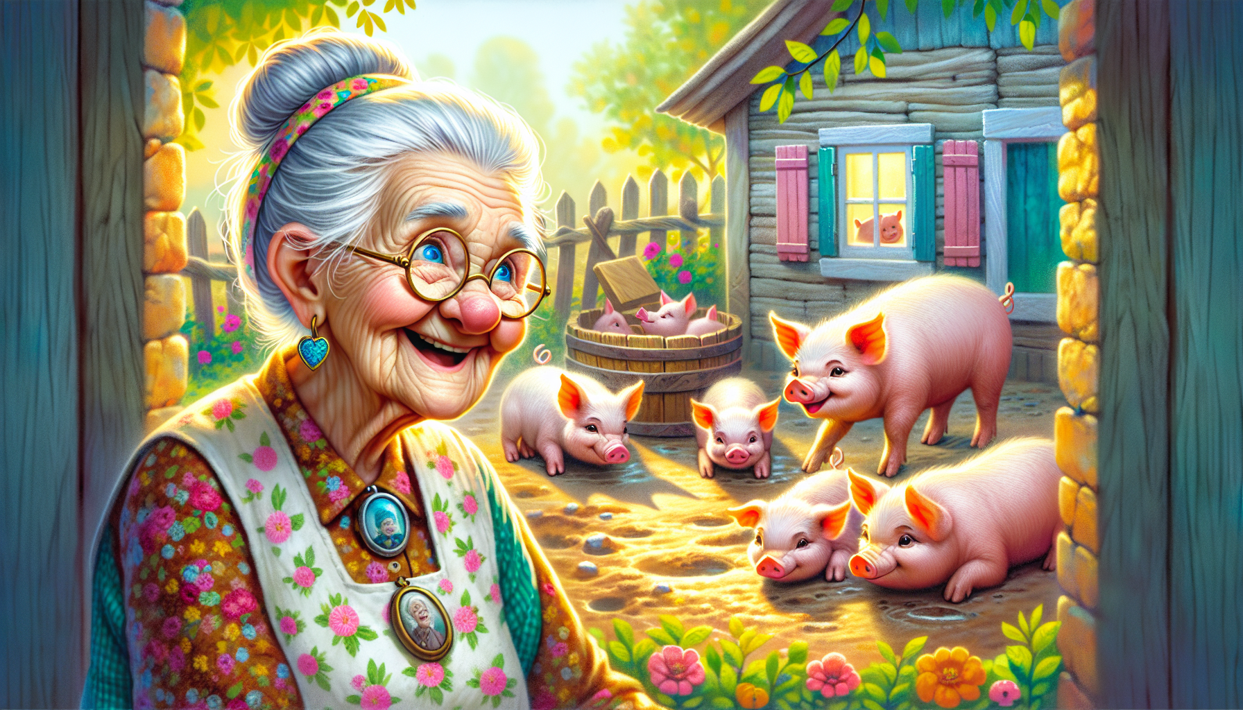 Grandma Edna approaches her motionless pet pigs in the pigpen with concern, in a sunny morning setting.