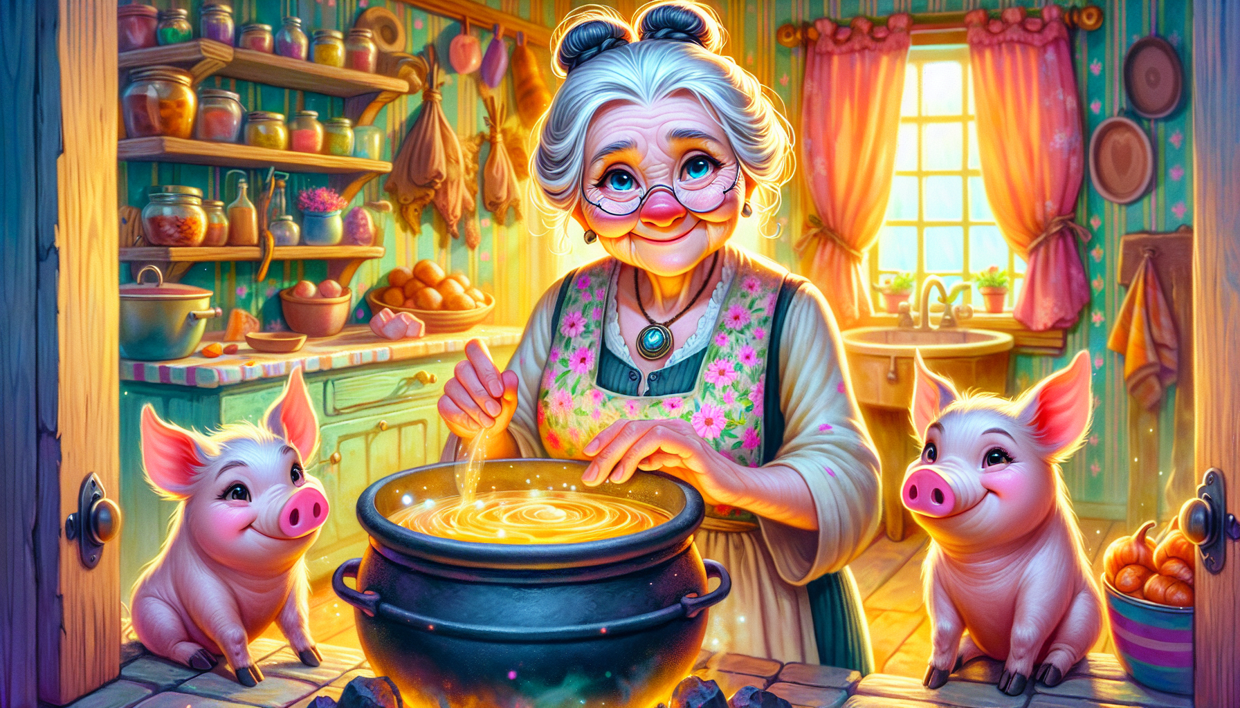 Grandma Edna brewing a magical potion in her kitchen, with a shimmering light filling the room.