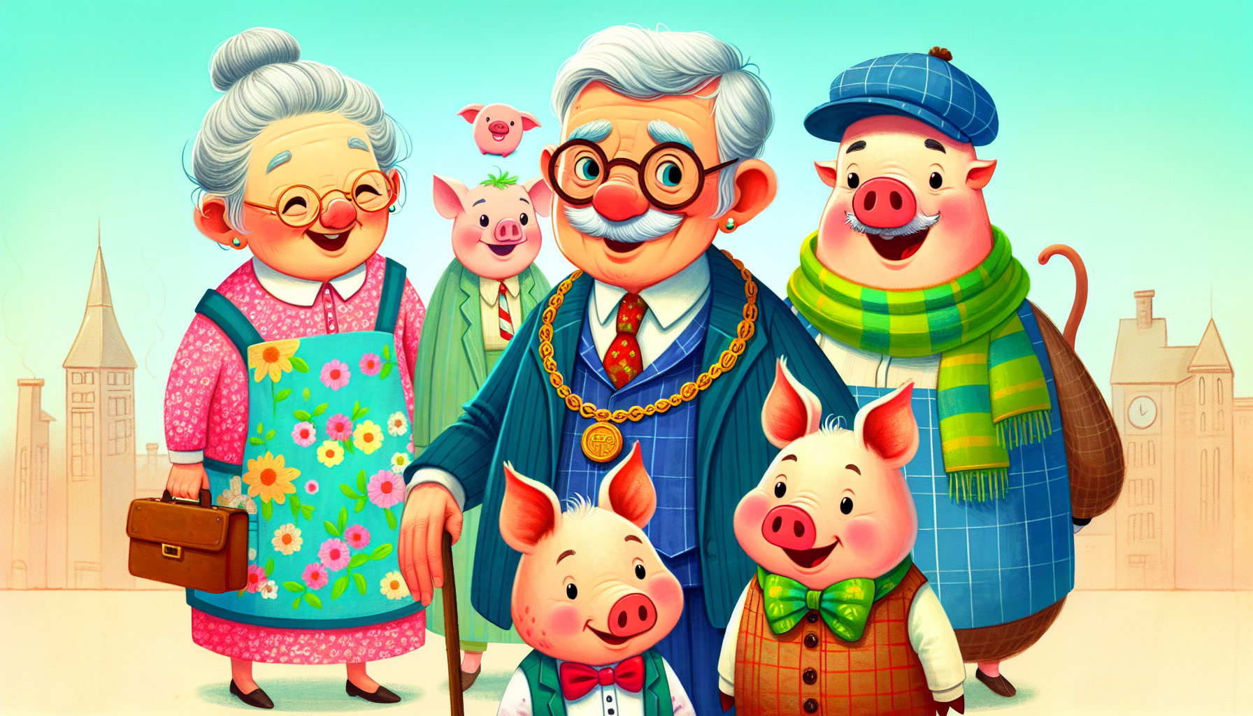 Giant pigs create chaos in Sunnyvale's Main Street as Grandma Edna and the townspeople react in astonishment.