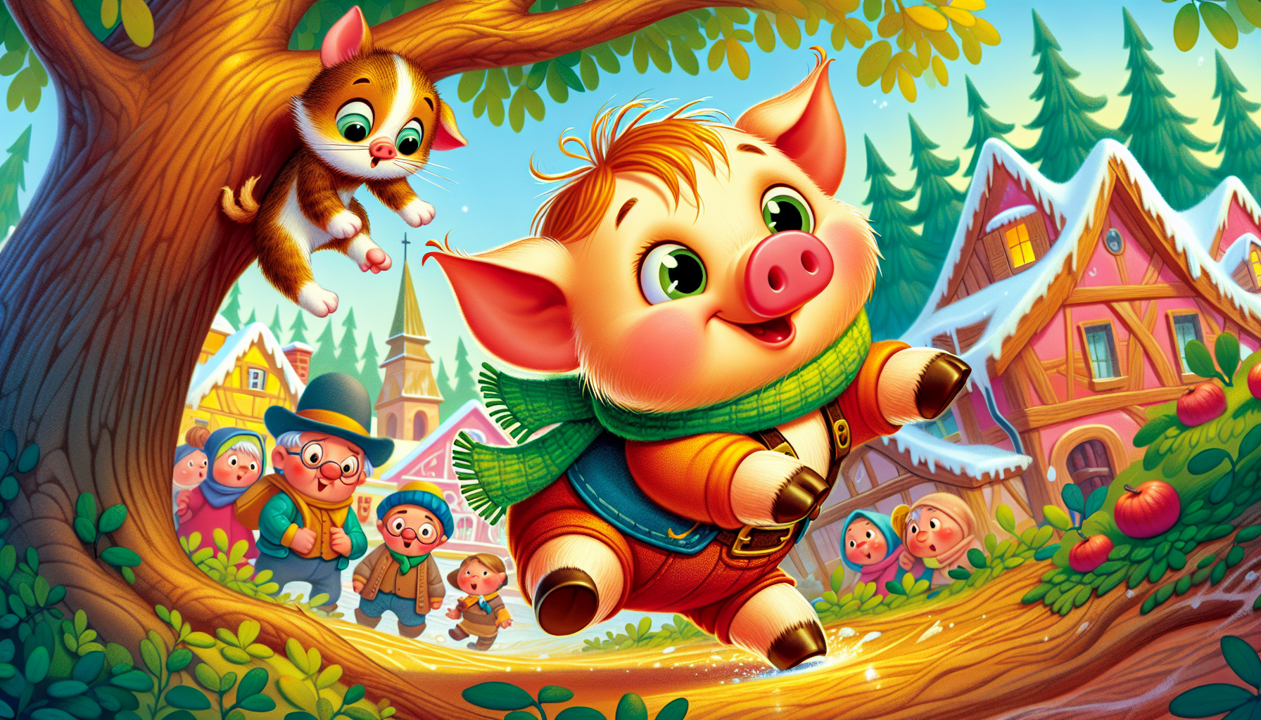 Giant pig Bacon rescues a kitten from a tree, with onlooking townspeople cheering.