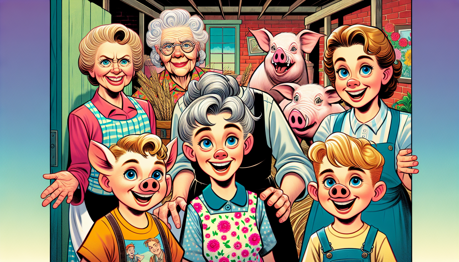 Grandma Edna and friends rounding up the giant pigs for the shrinking experiment in front of the townspeople.