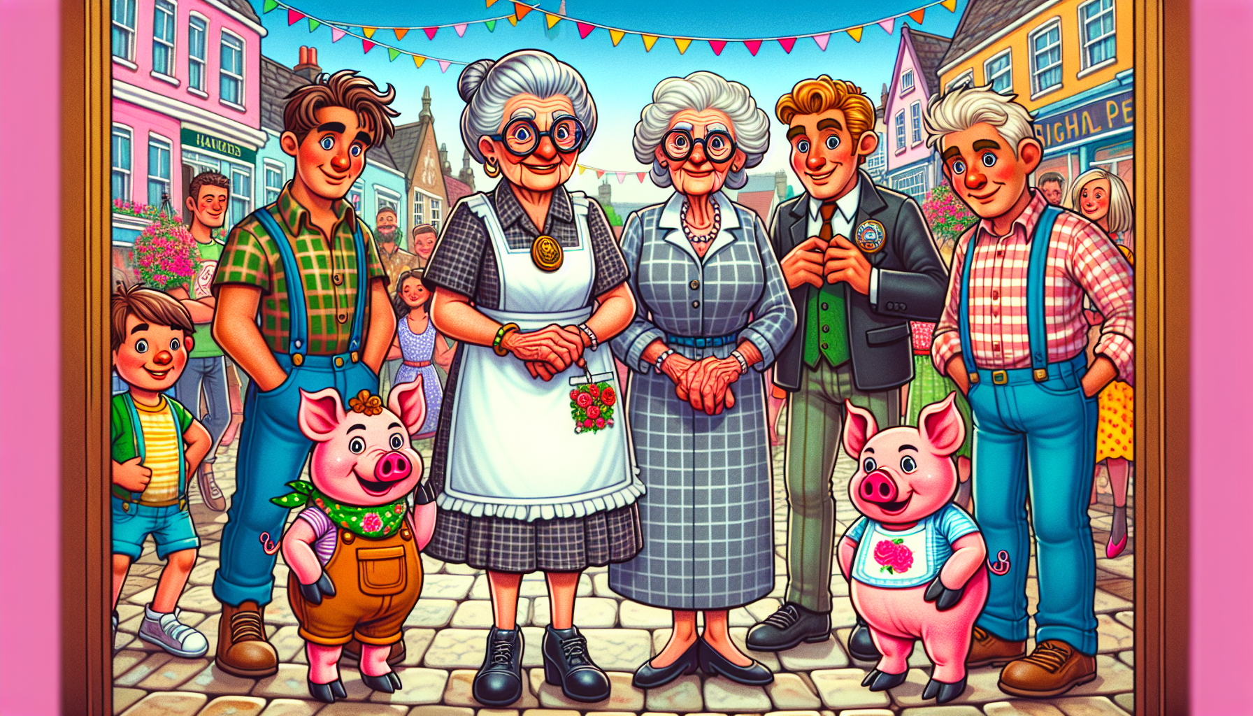 Festive celebration in the town square honoring Grandma Edna and her pigs, with townspeople gathered around.