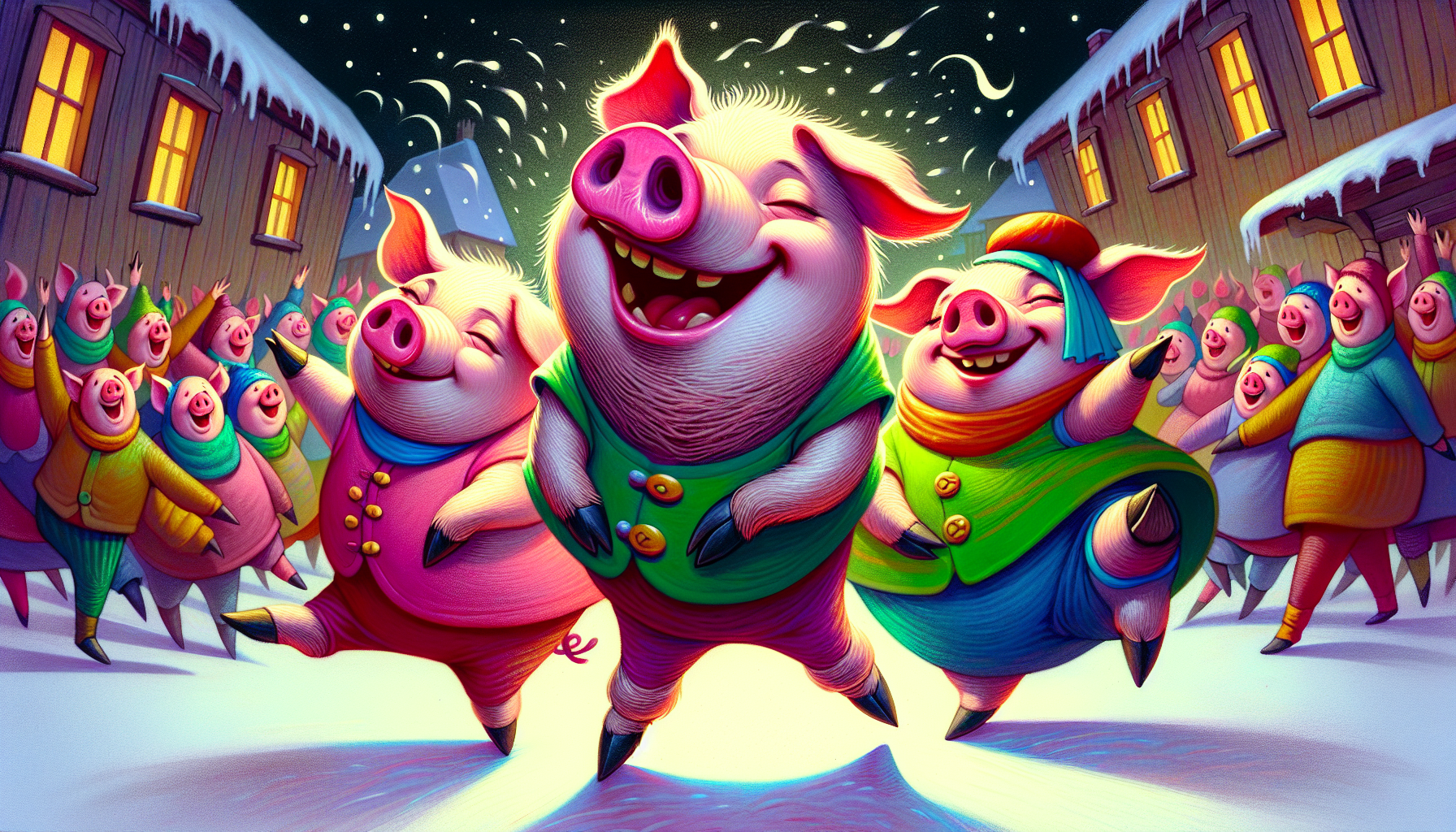 Night celebration with dancing pigs and townspeople under the twinkling stars.