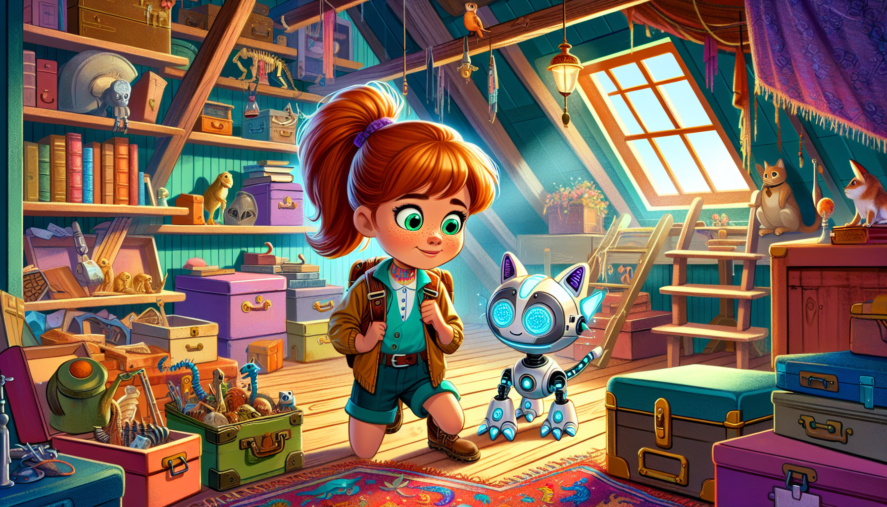 Cartoon-style attic scene with Elara and robot cat WhiskerByte exploring, surrounded by antiques and a dinosaur motif tapestry.