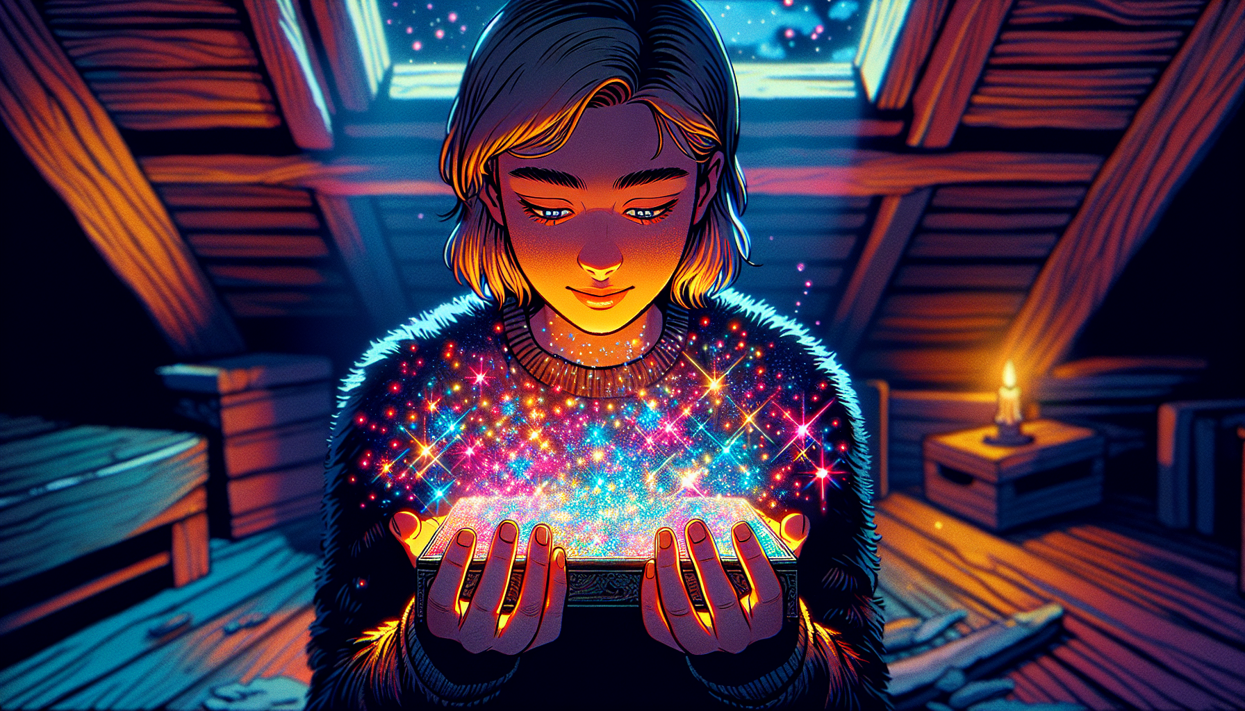 Close-up of Elara holding a glowing scale in a dimly lit attic, illustrated in a vibrant, cartoonish style.