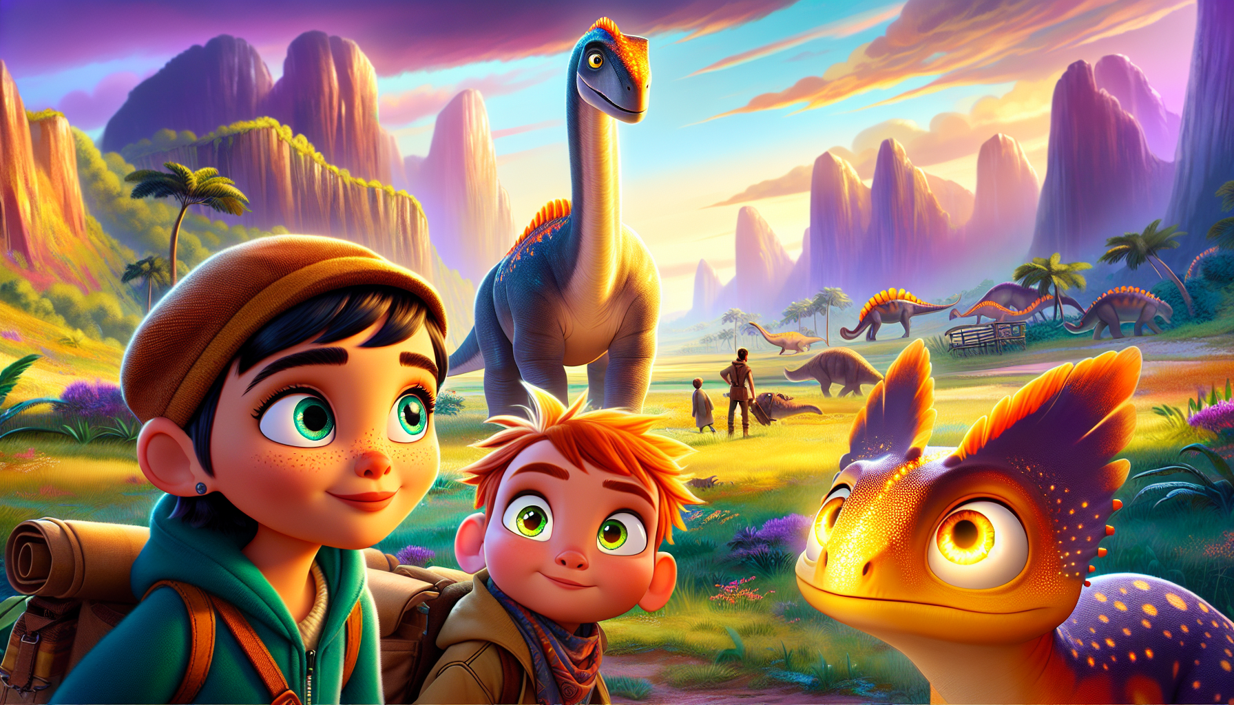 Vibrant cartoon scene of Elara and WhiskerByte in the Mesozoic, greeted by the gentle giant dinosaur, Apaton.