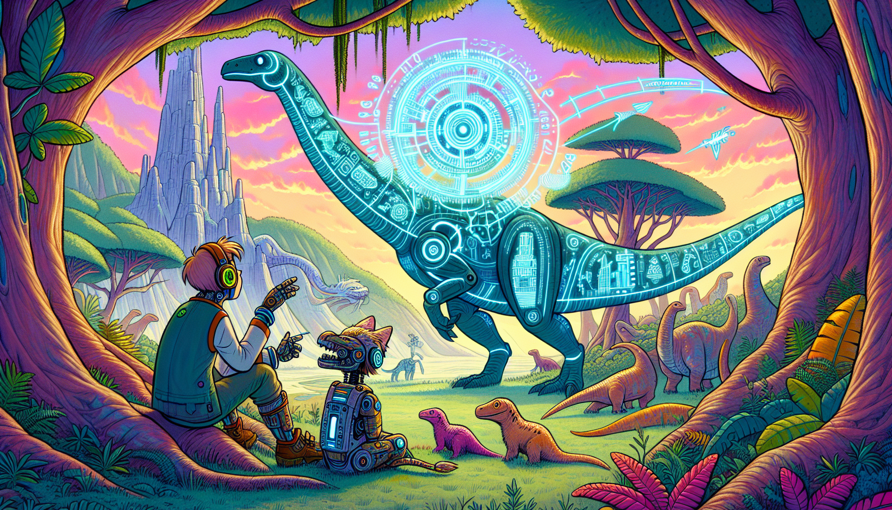 Vibrant cartoon illustration of Elara and WhiskerByte learning Time Tailoring from Apaton in a prehistoric setting with holographic images.