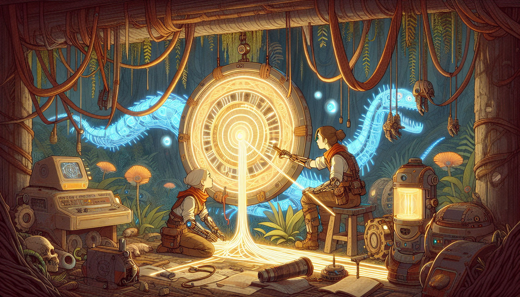 Vibrant, cartoonish scene of Elara and WhiskerByte mending a luminous tapestry of time in a prehistoric setting.