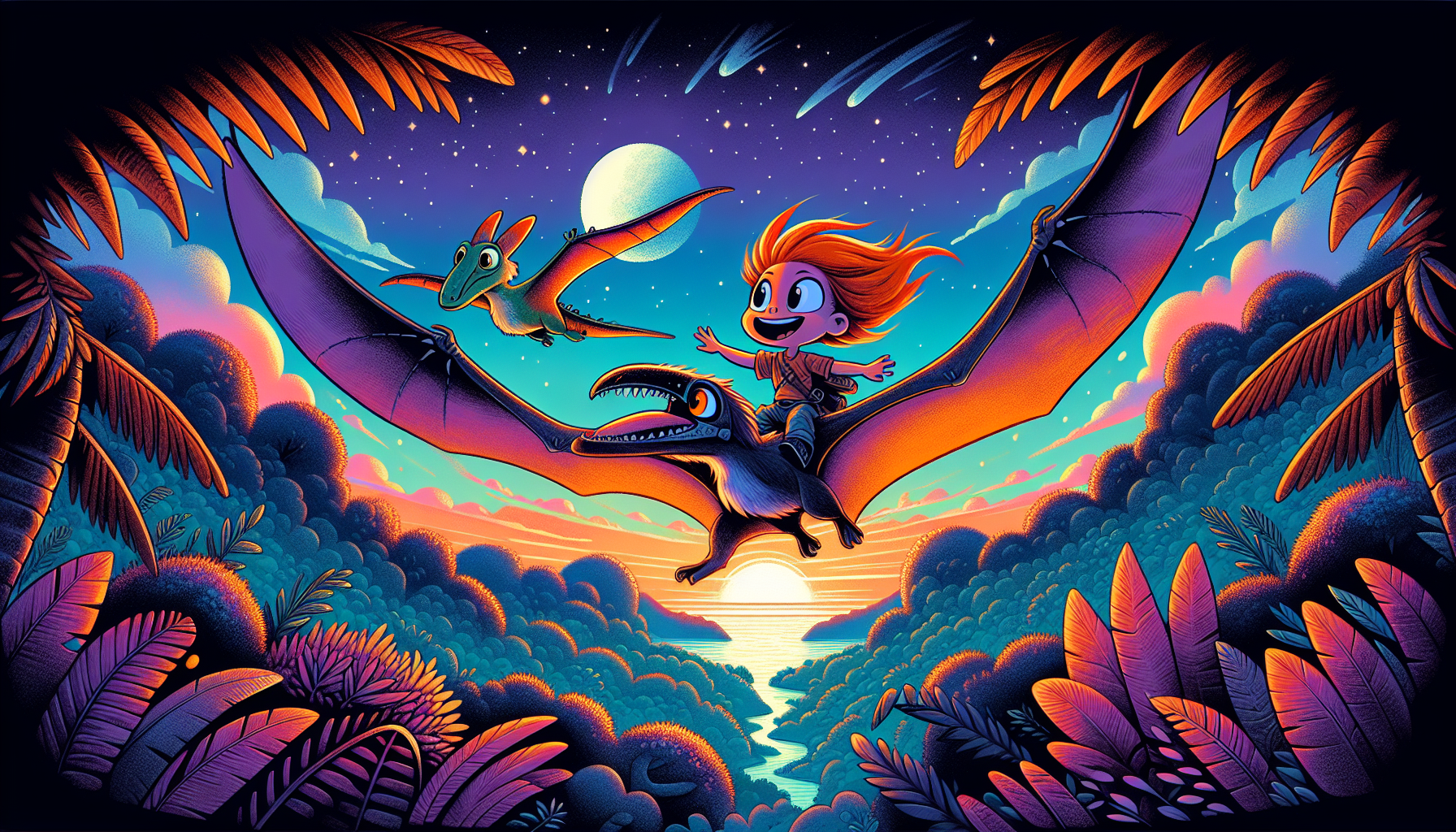 Vibrant, whimsical cartoon of Elara and WhiskerByte flying on Pterodactyls over a lush prehistoric landscape at twilight.