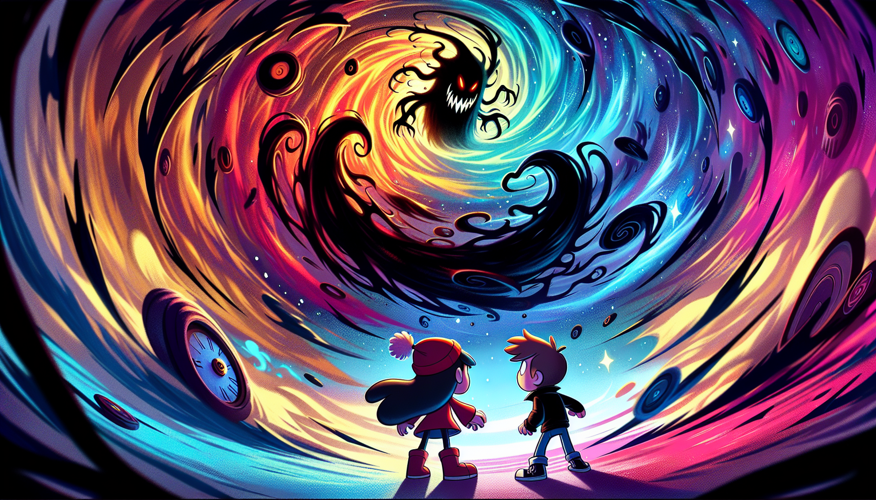 Vibrant and cartoonish scene of Elara and WhiskerByte facing the Shadow within a swirling time vortex.