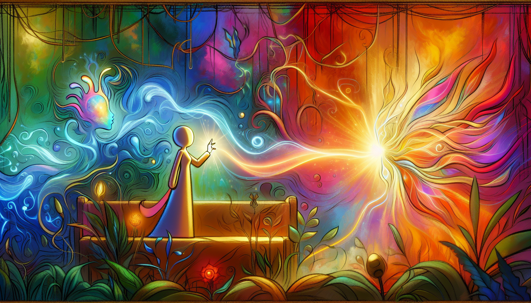 Vibrant, cartoonish scene of Elara reaching out to the Shadow, transforming it with a healing light amid a colorful backdrop.