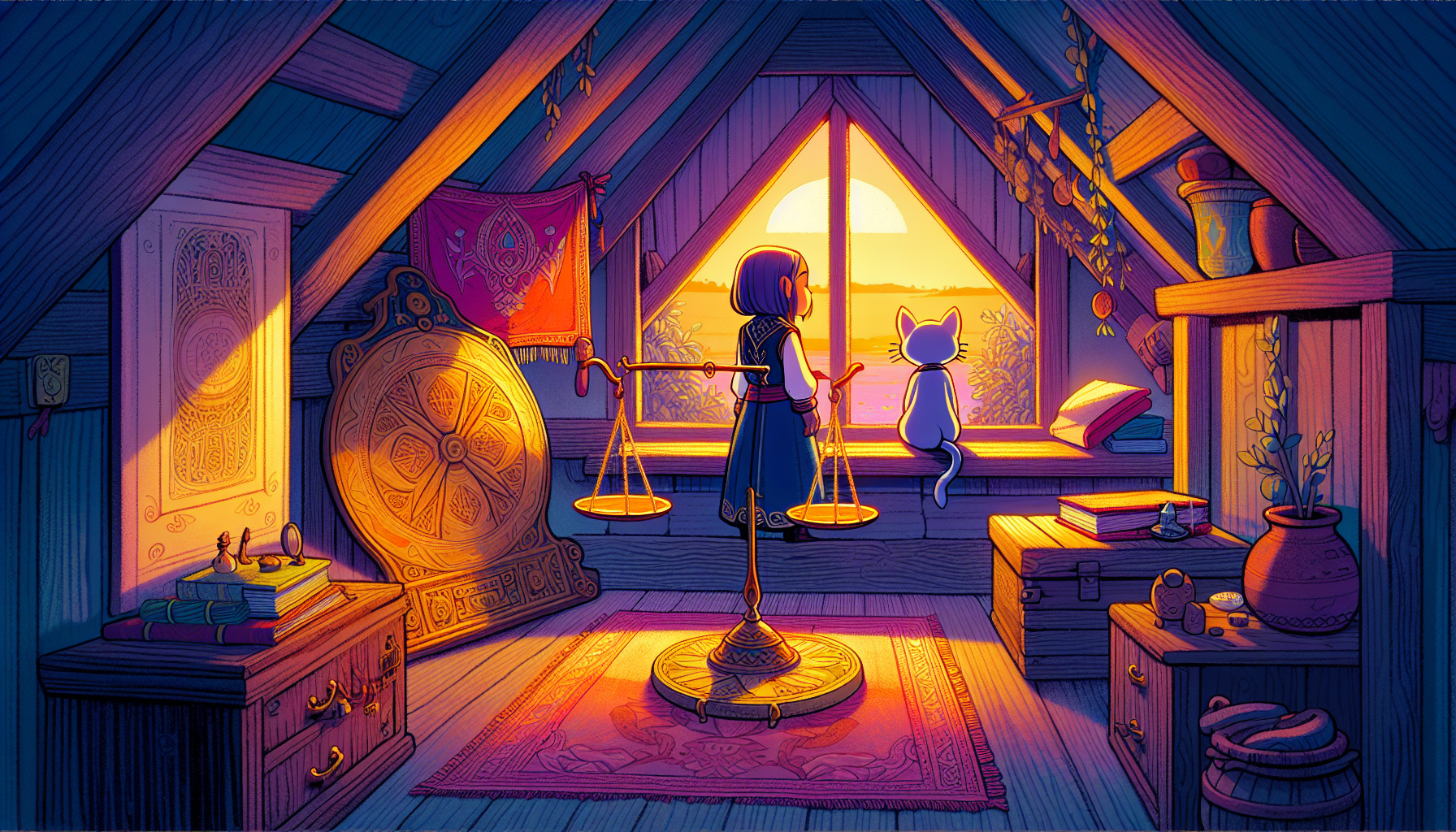 Vibrant, cartoon style serene attic scene with Elara and WhiskerByte by the window at twilight, post-adventure.