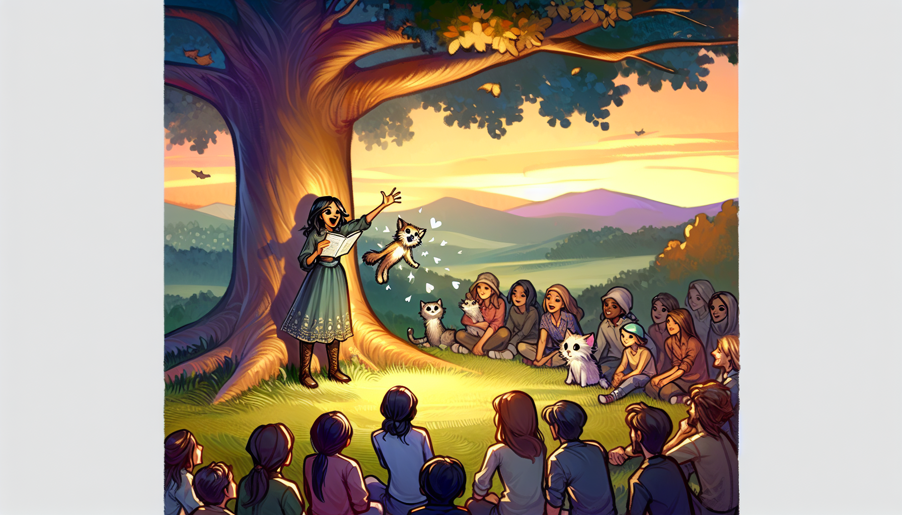 Vibrant, cartoonish illustration of Elara sharing her adventure story with friends outside, WhiskerByte by her side.