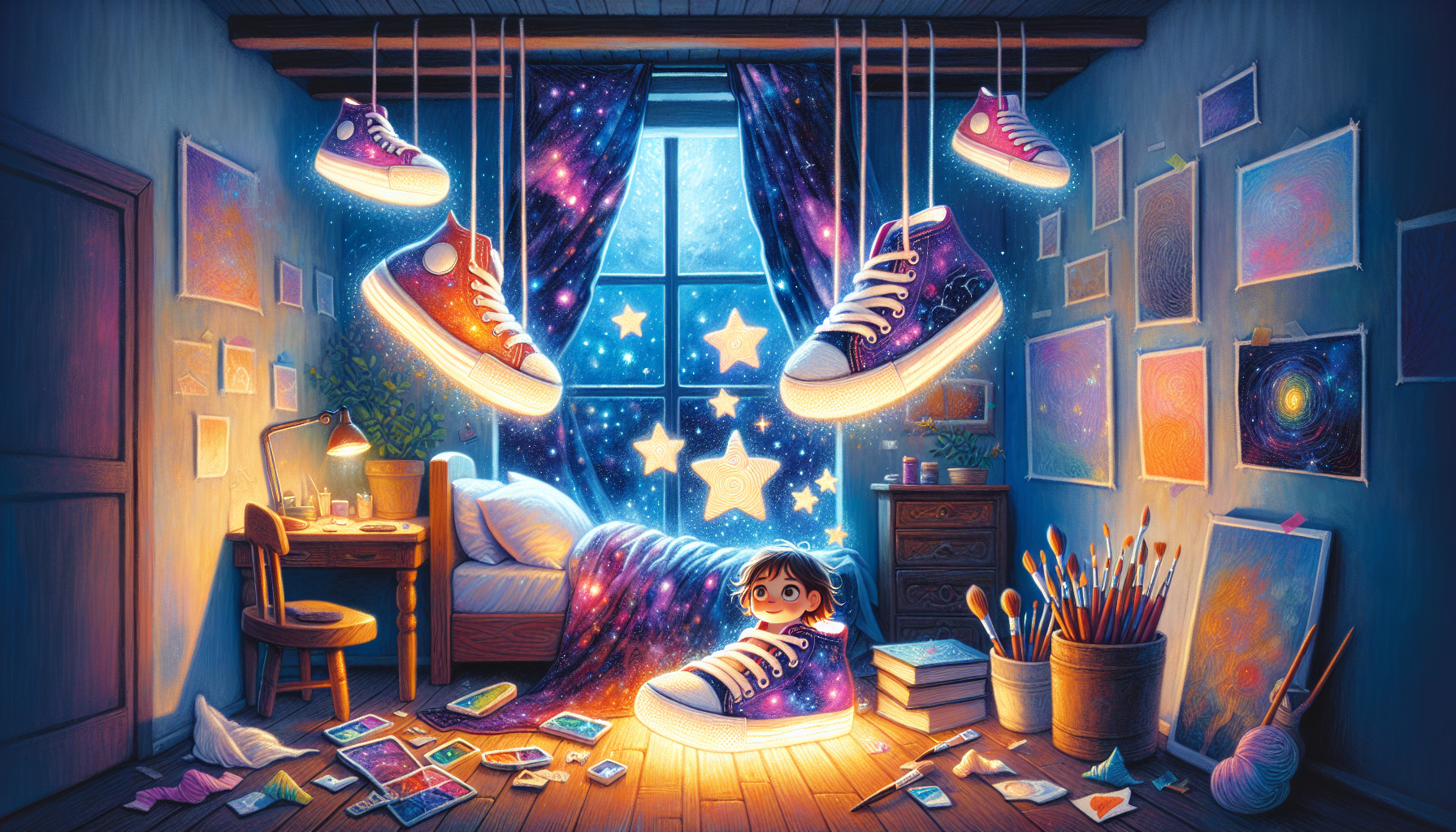 Eli's magical, star-patterned sneakers floating in his art-filled, dimly lit bedroom, glowing with a whimsical light.