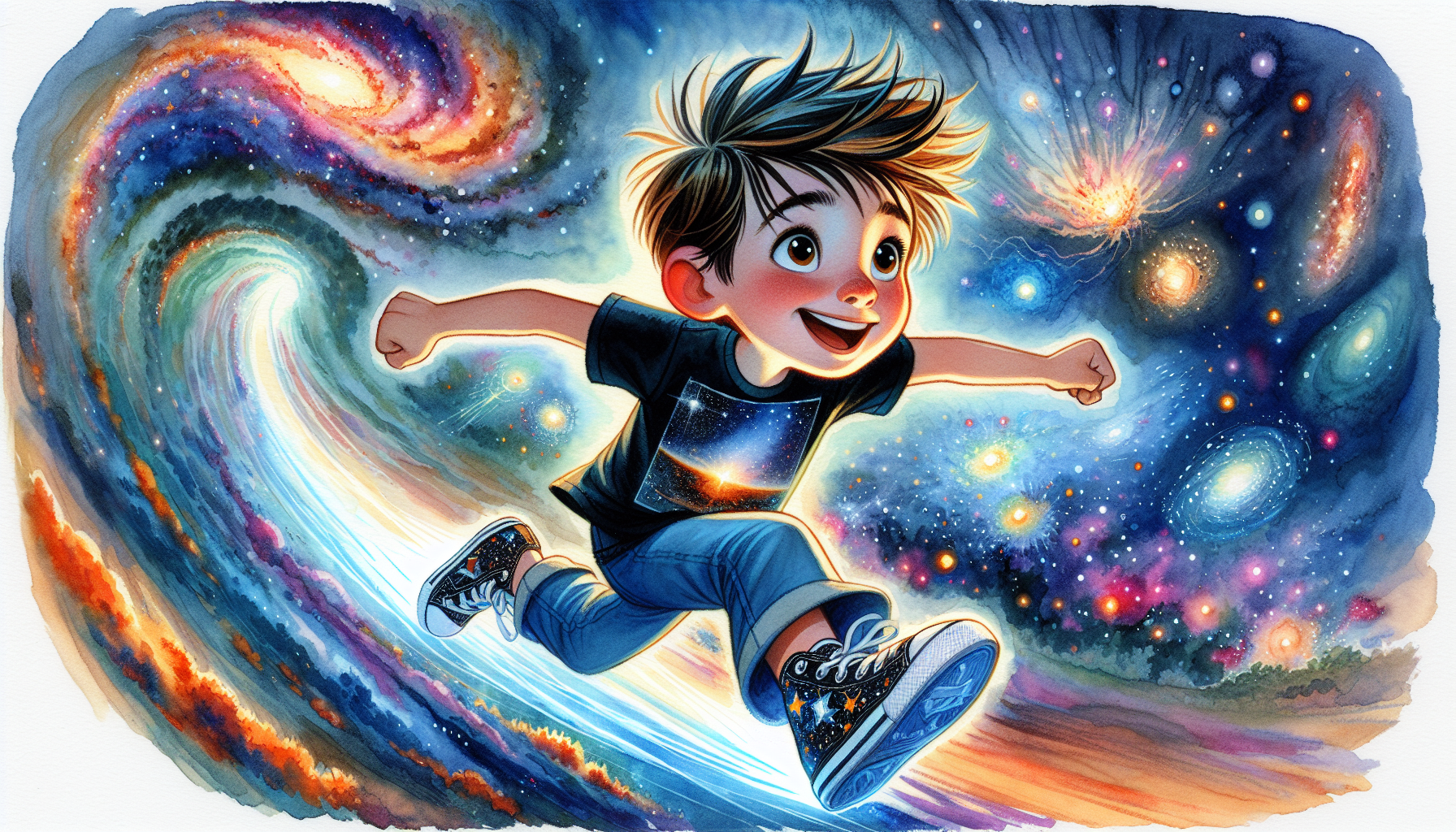 Eli wearing glowing sneakers, joyfully zooming through a vibrant tapestry of cosmic scenery, passing galaxies and nebulae.