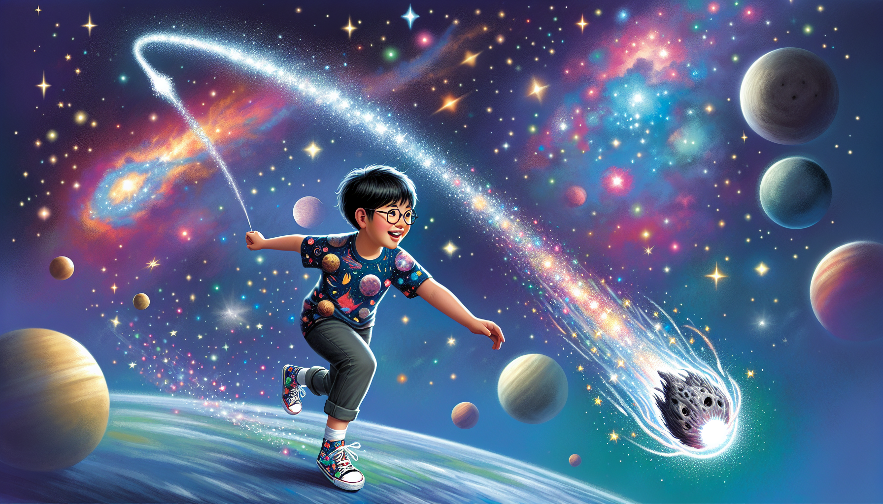 Eli chasing a playful comet across a vibrant astral field, his sneakers glowing as he follows the shimmering stardust trail.