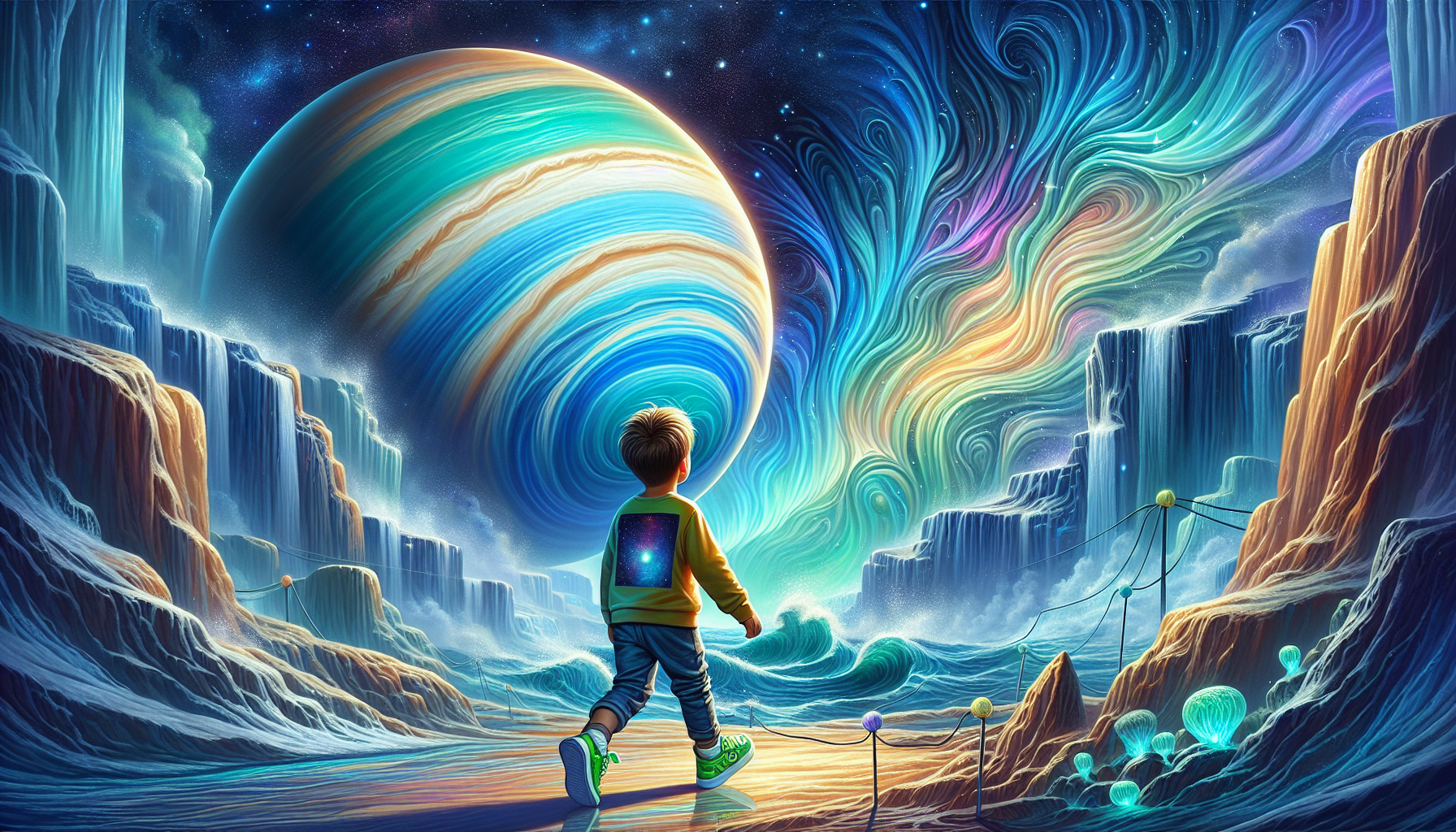 Awed Eli nears Neptune, its blue storms swirling beneath a colorful aurora, readying for descent in his glowing sneakers.