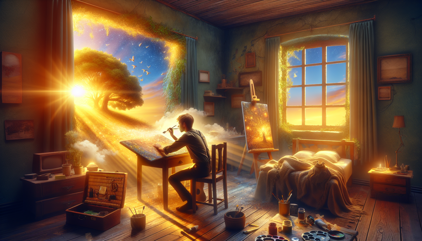 Inspired Eli at his art table in his bedroom, bathed in morning's golden light, beginning to paint his cosmic adventure.