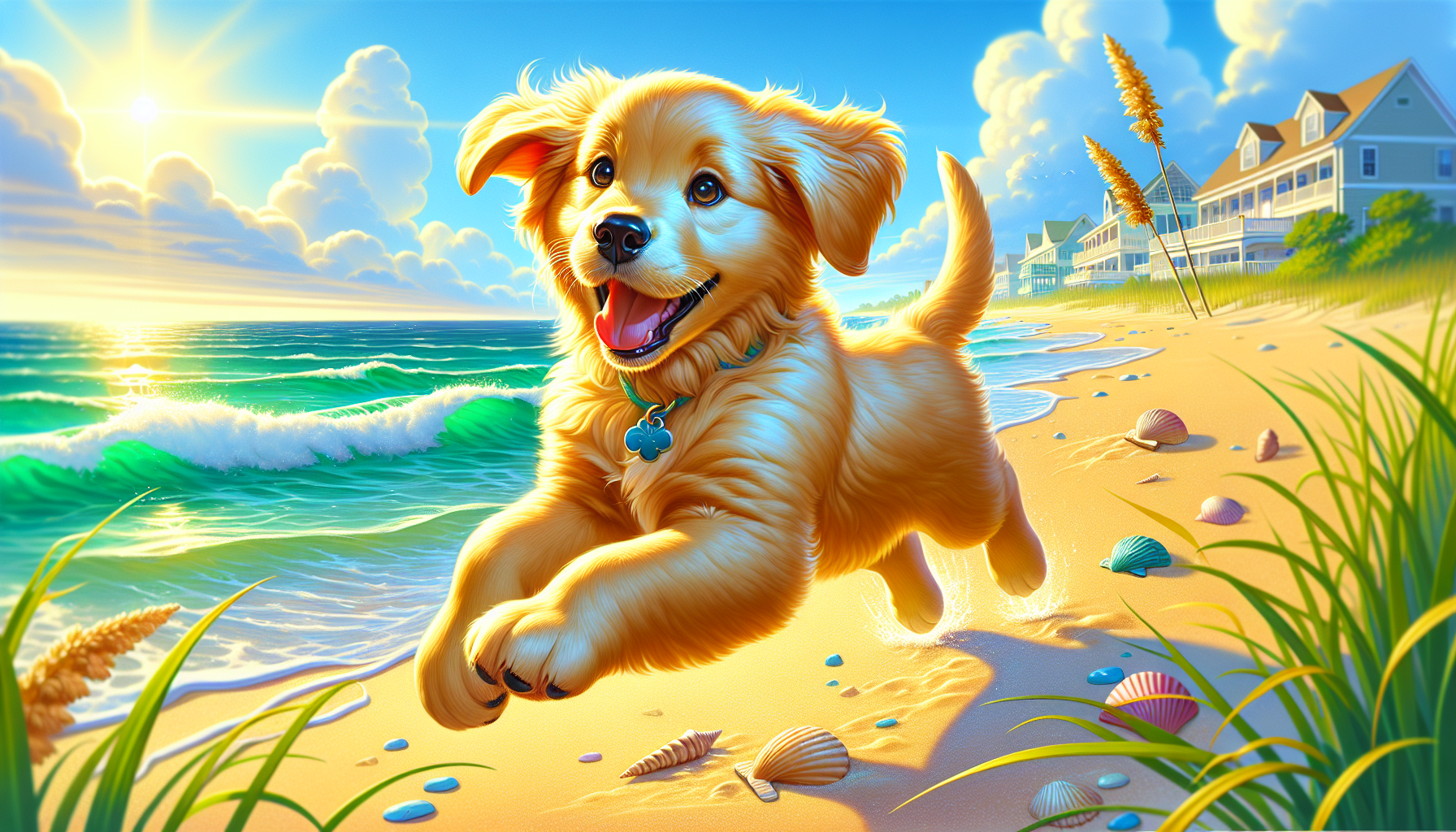 Goldie, a golden retriever puppy, runs along the sunlit sandy beach.