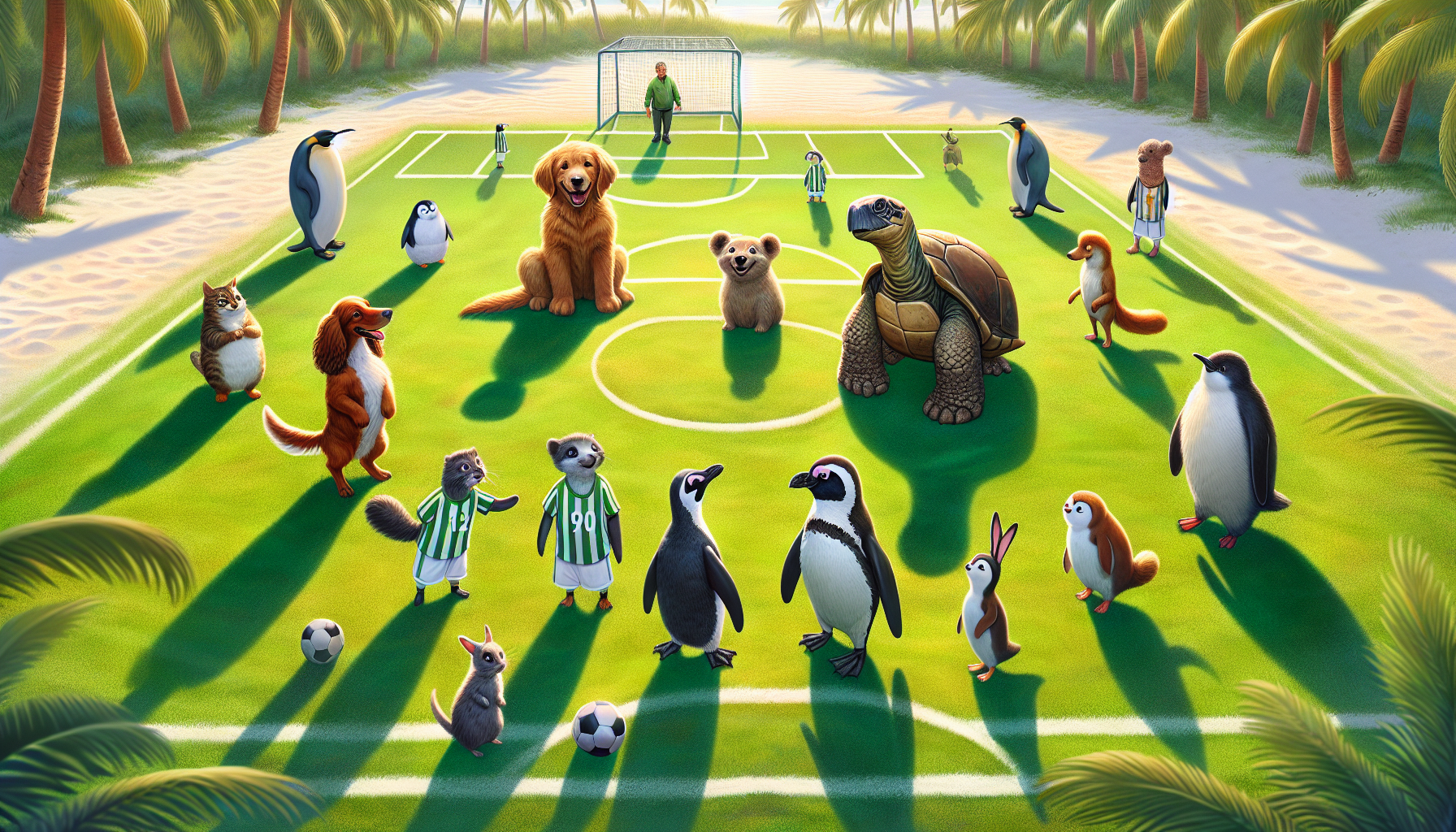 Coach Sam welcomes Goldie and Pippin while the team looks on.