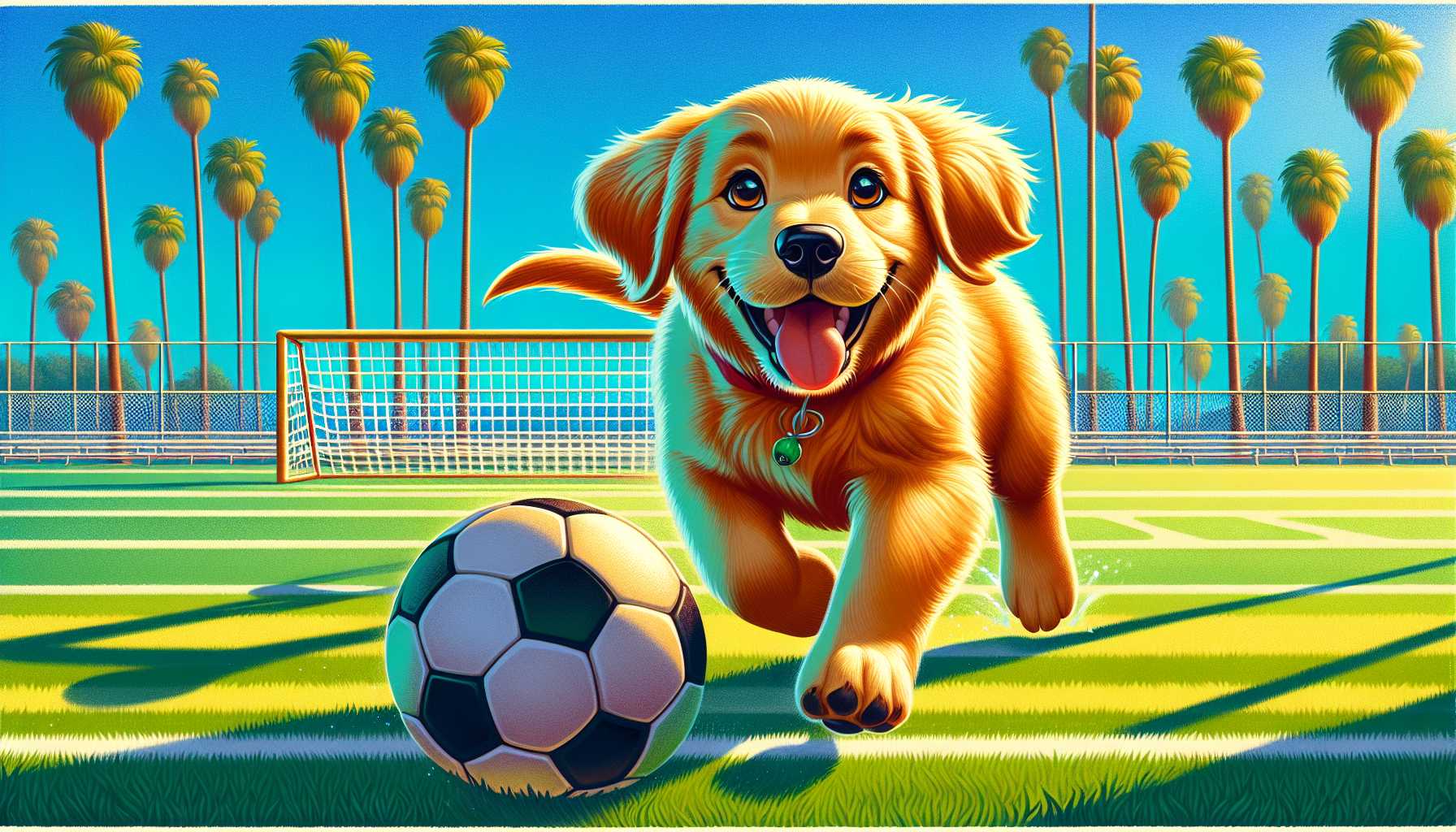 Goldie sprints down the field with determination under the bright sun.