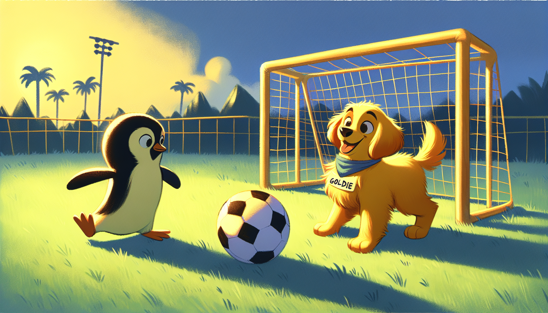 Goldie and Pippin practicing soccer together in the dim evening.