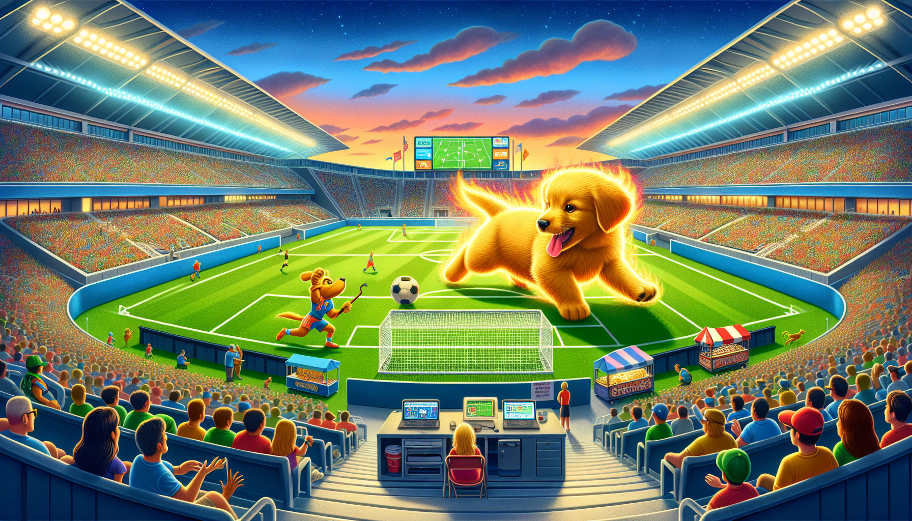 Goldie and Blaze clash on the soccer field as the crowd watches.
