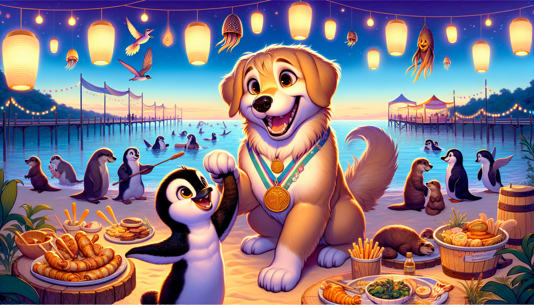 Celebration on the beach with Goldie and Pippin wearing medals.