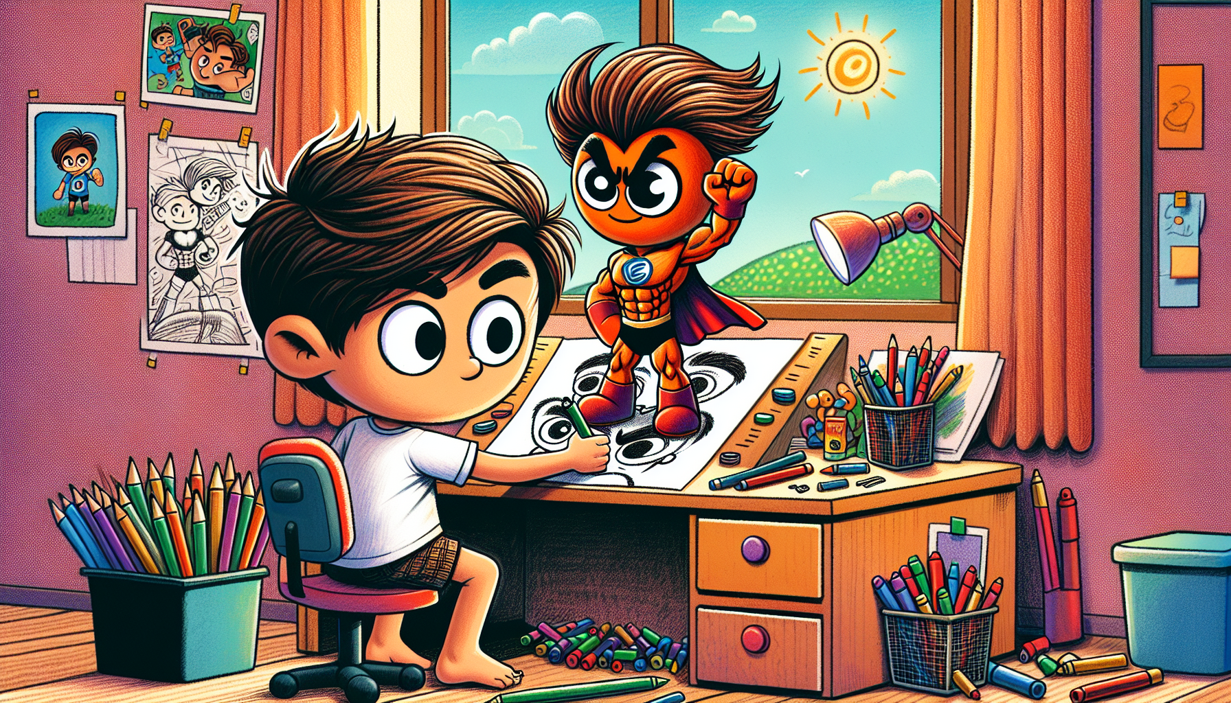 Timmy drawing The Incredible Inky at his desk filled with art supplies, looking concentrated and hopeful.