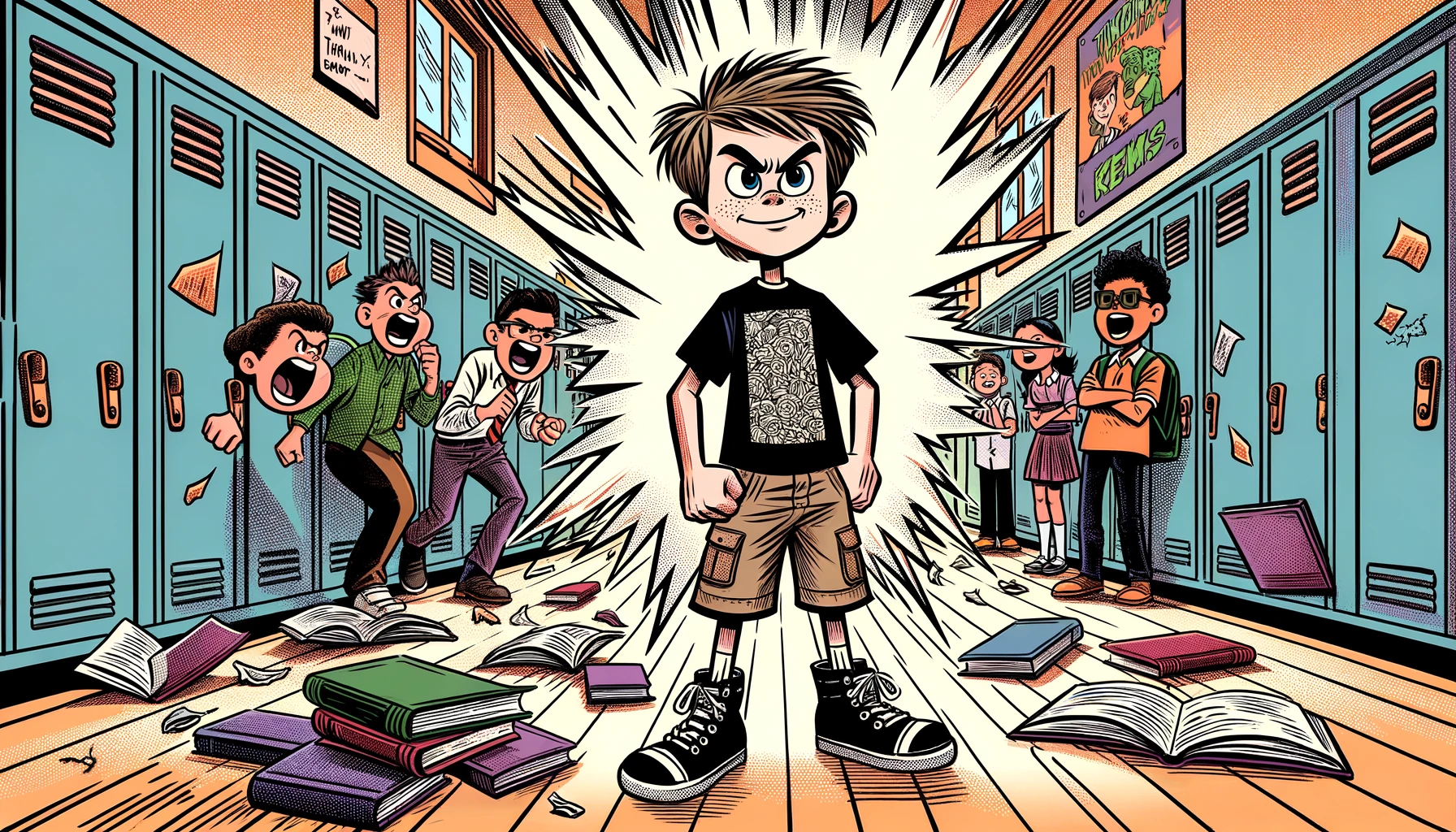 Timmy confronting the class bully in the school hallway, demonstrating courage and standing up for a smaller kid.