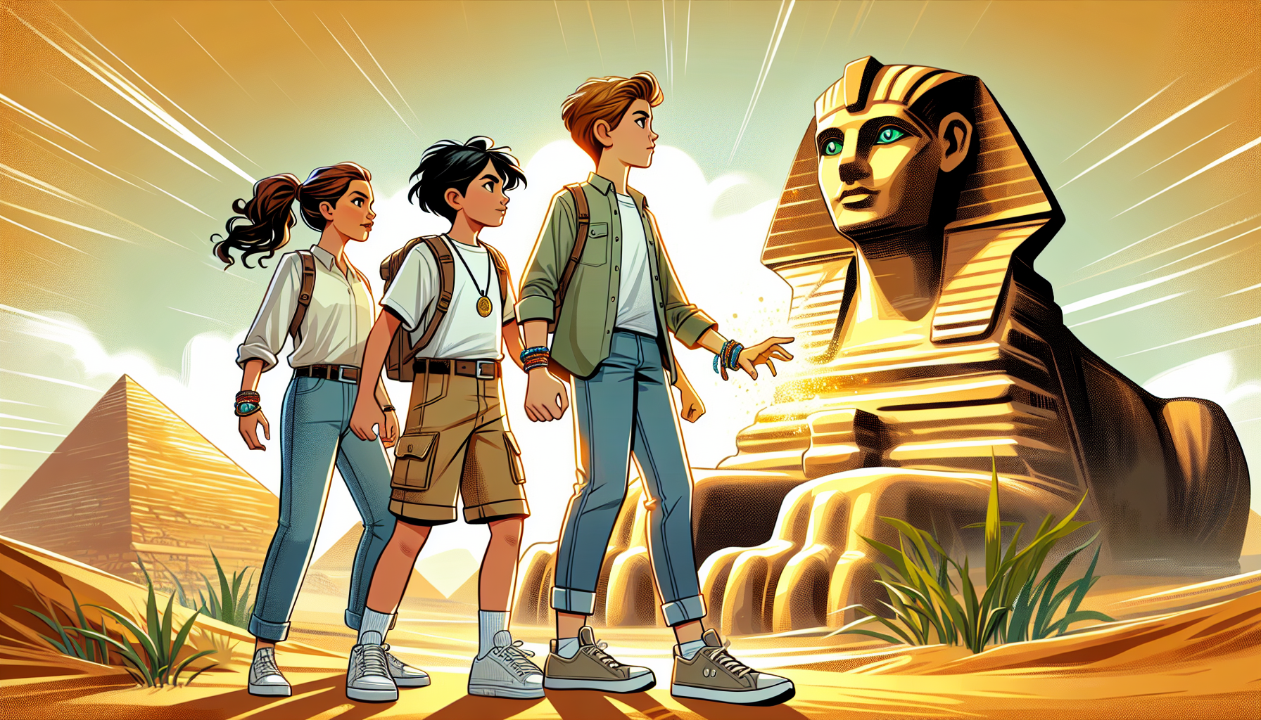 Children confronted by a giant Sphinx in a dusty landscape.